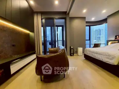 Luxurious modern bedroom with city view and elegant furnishings