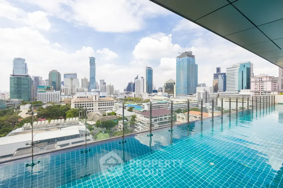 Stunning rooftop pool with panoramic city skyline views in a modern urban setting.