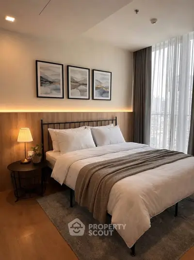 Cozy bedroom with modern decor, featuring a comfortable bed, stylish artwork, and natural light from large windows.