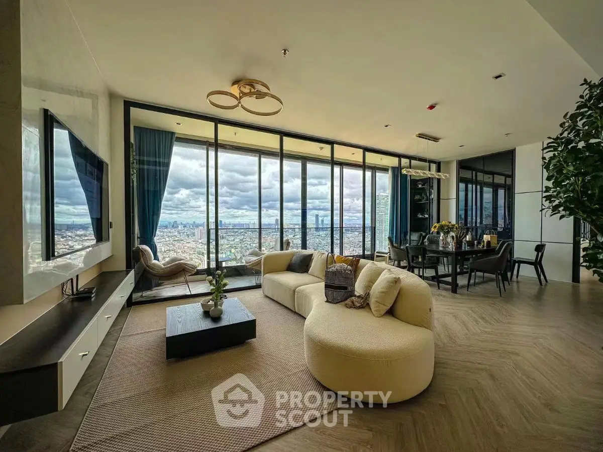 Luxurious living room with panoramic city view and modern furnishings