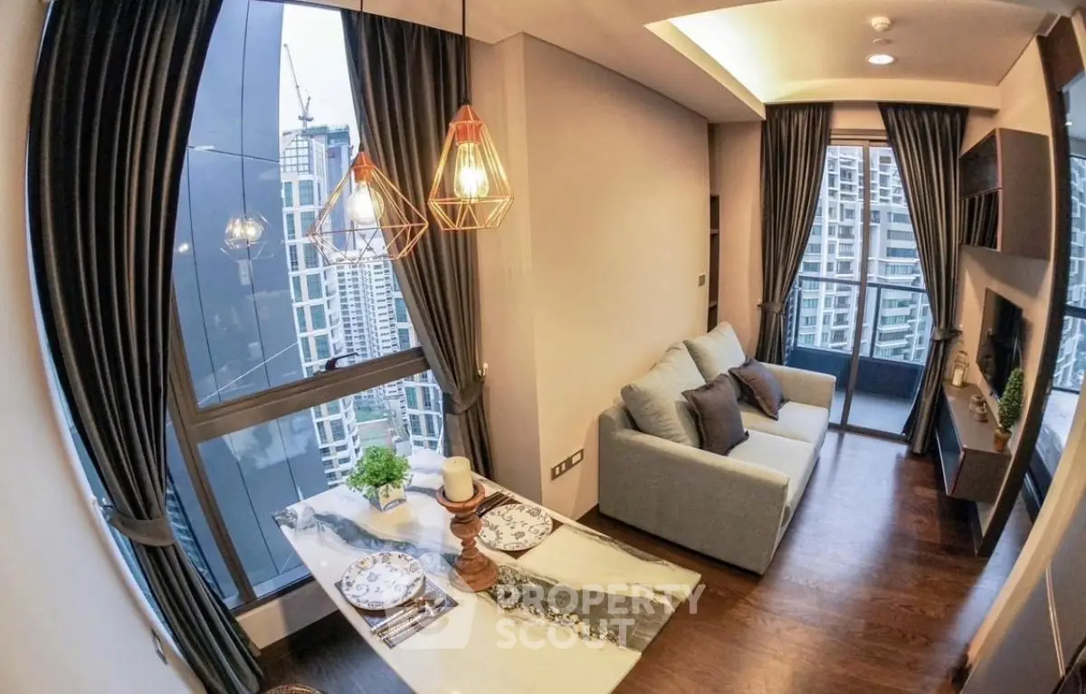 Modern high-rise condo living room with stunning city view and elegant decor