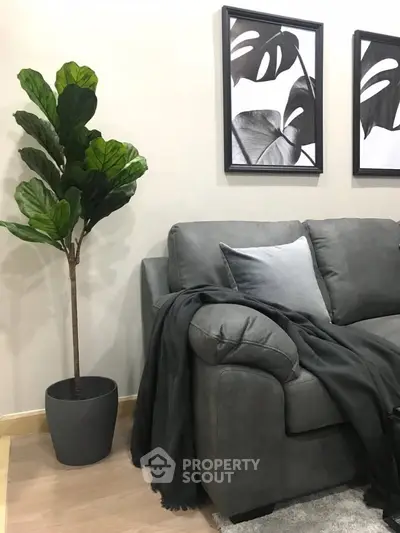 Stylish living room with gray sofa, plant, and modern art decor
