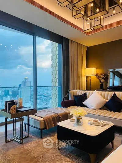 Luxurious living room with stunning city view, elegant decor, and modern furniture in high-rise apartment.