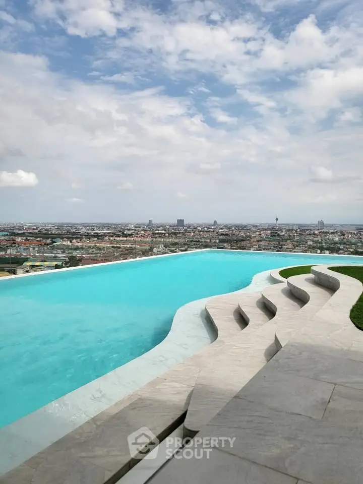 Stunning rooftop infinity pool with panoramic city views under a clear blue sky.