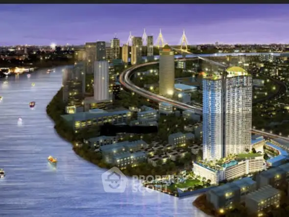 Stunning riverside high-rise with panoramic city views and modern architecture.
