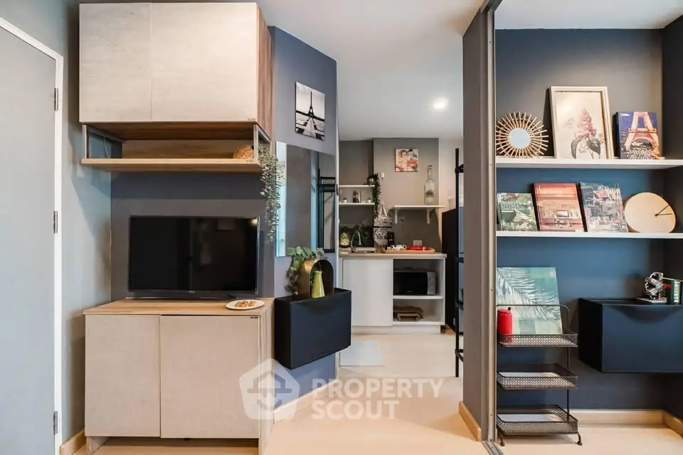 Modern living room with stylish decor and open shelving