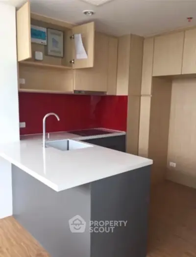 Modern kitchen with sleek red backsplash and minimalist design
