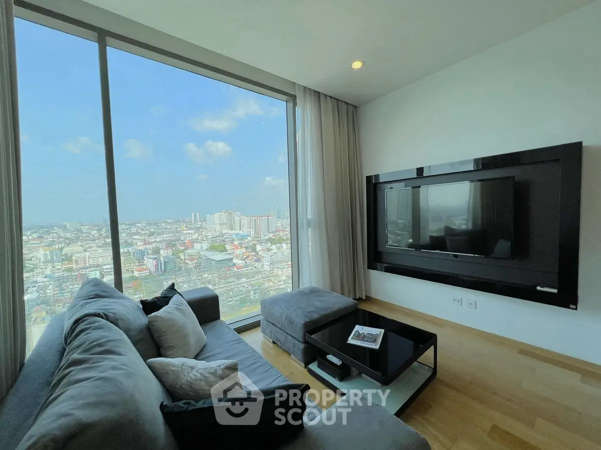 Luxurious living room with stunning city view and modern decor