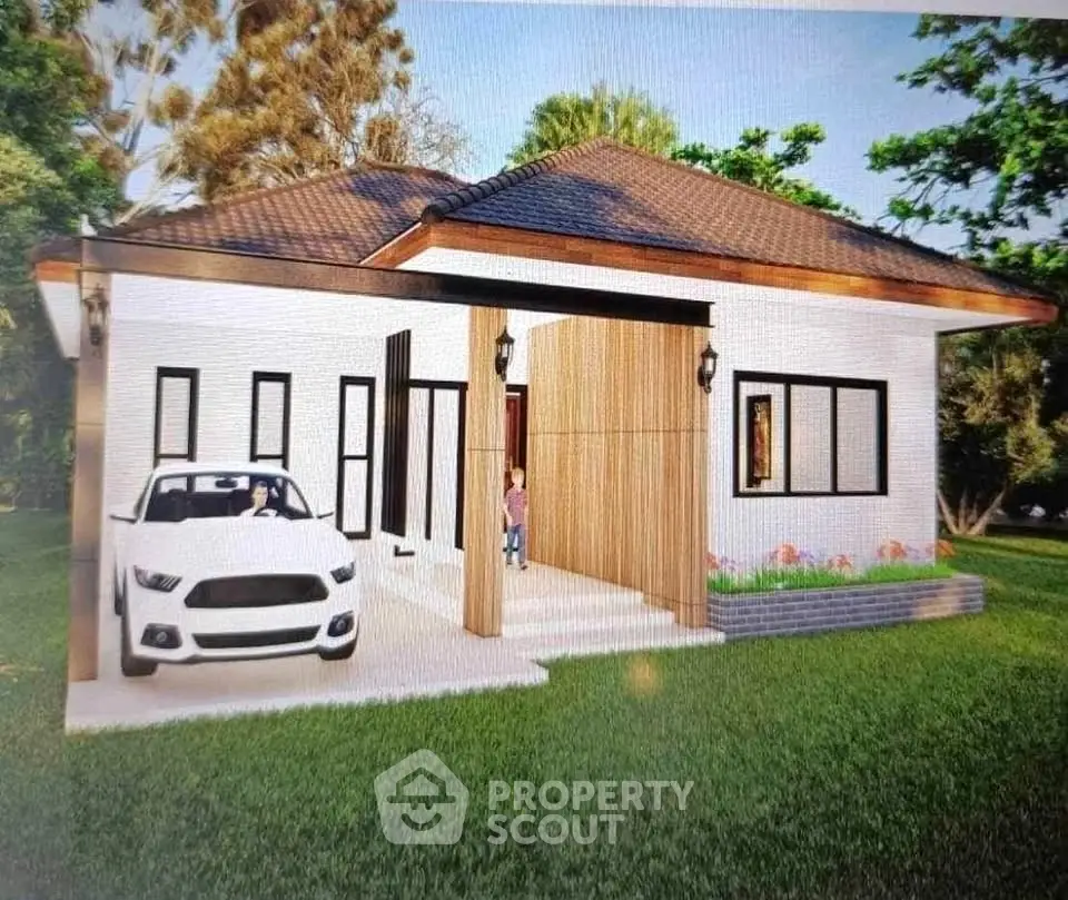 Charming single-story home with modern design and lush green surroundings.