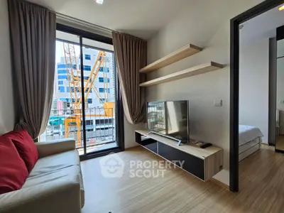 Modern living room with balcony view in urban apartment