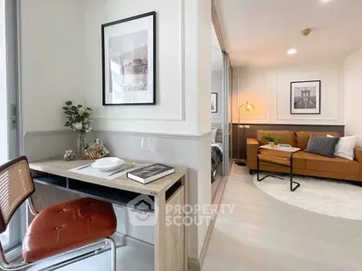 Modern apartment interior with stylish living room and cozy study area
