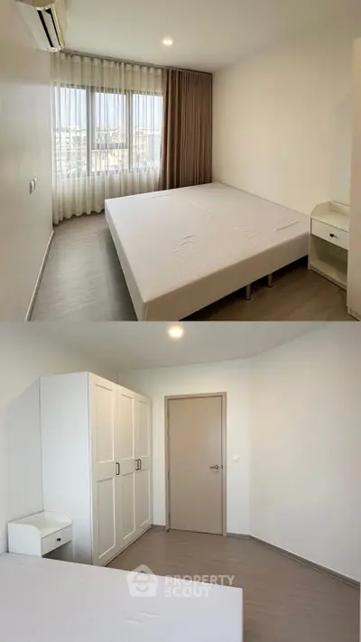 Spacious bedroom with large window and modern furnishings in a bright apartment.
