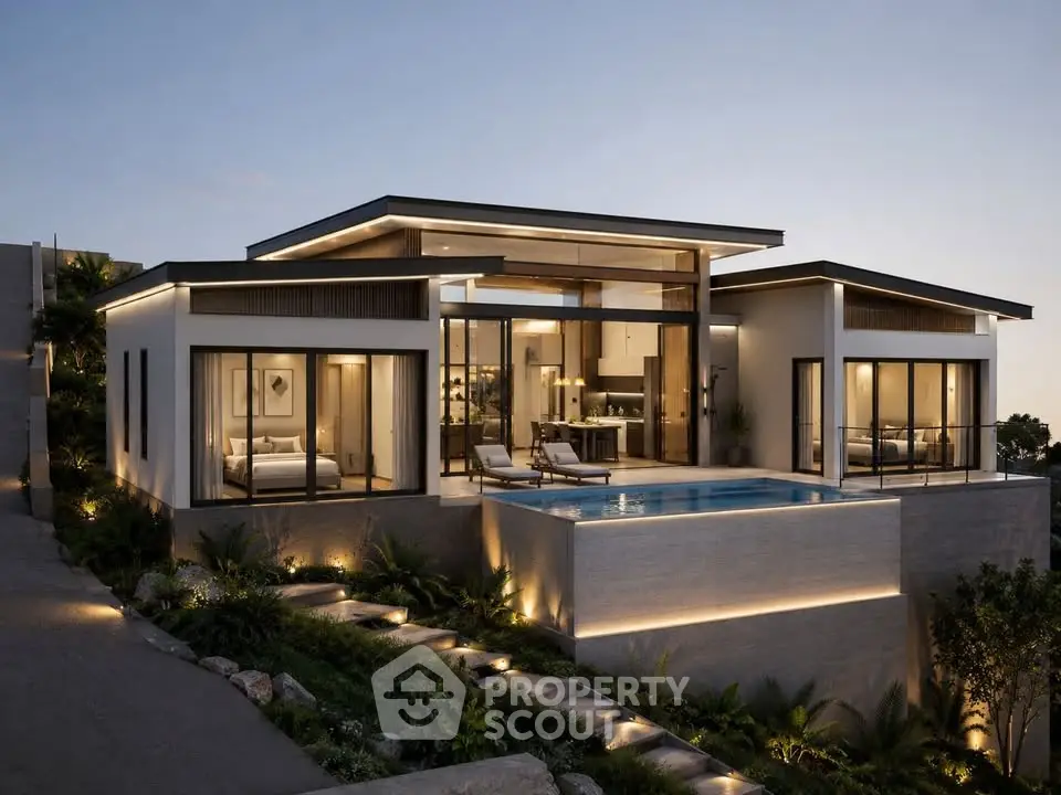 Luxurious modern villa with infinity pool and stunning architectural design at dusk.