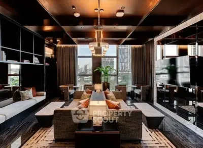 Luxurious modern living room with city view, elegant decor, and plush seating.