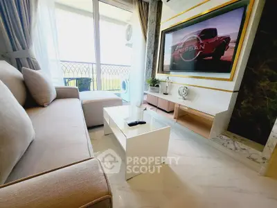 Luxurious living room with modern decor and balcony view
