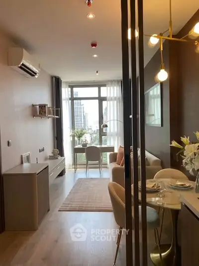 Modern living room with city view, stylish decor, and dining area in a high-rise apartment.