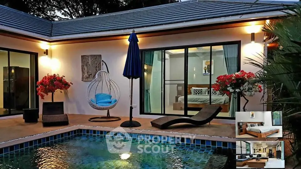 Luxurious villa with private pool and modern outdoor seating, perfect for relaxation and entertainment.