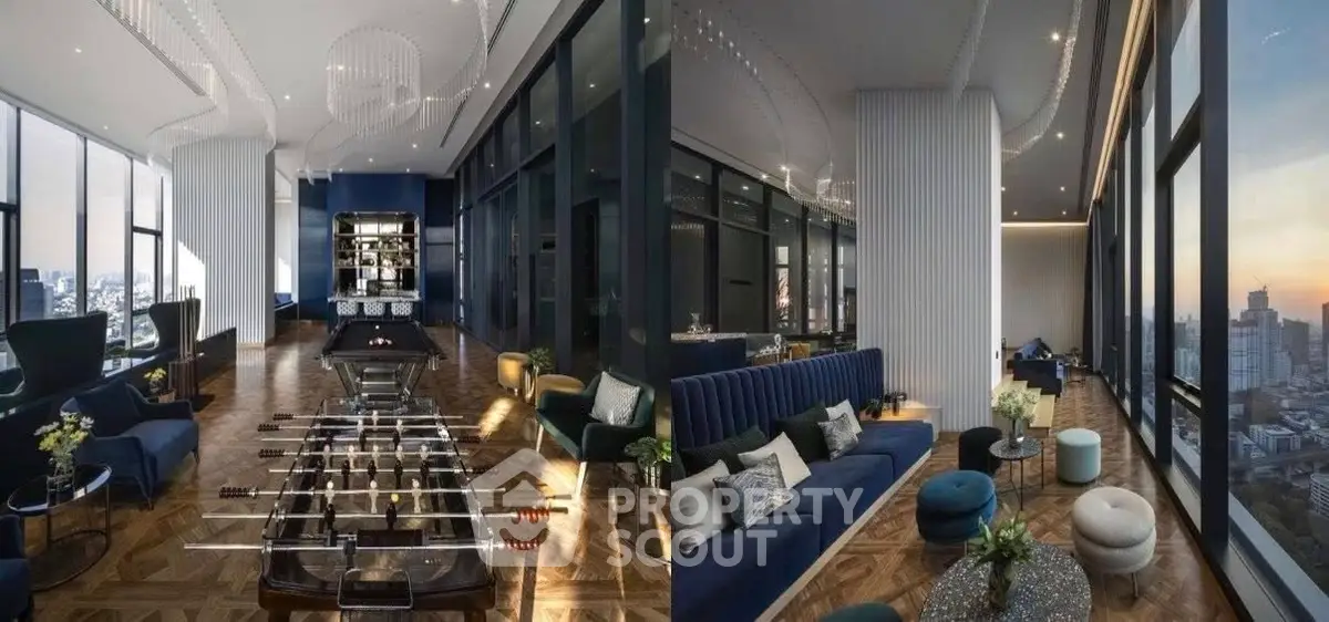 Luxurious high-rise living room with stunning city views and elegant decor