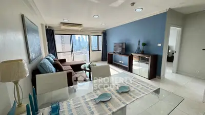 Spacious modern living room with city view, stylish decor, and natural light.