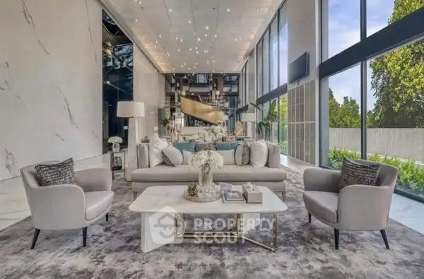 Luxurious modern living room with high ceilings and large windows