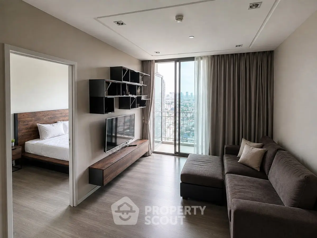 Modern living room with city view and stylish furniture