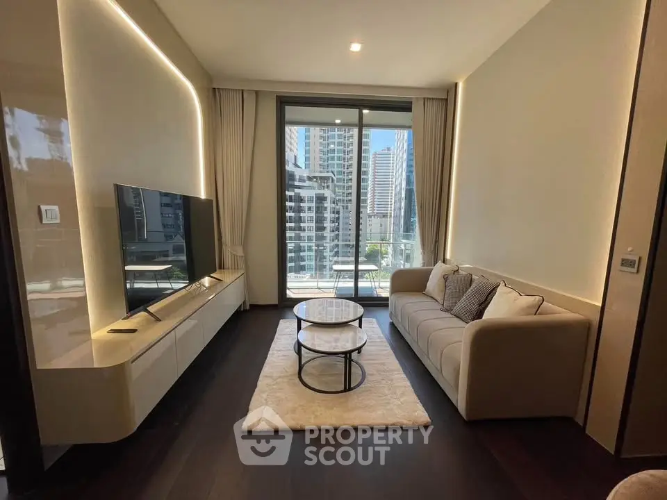 Modern living room with sleek design and city view balcony