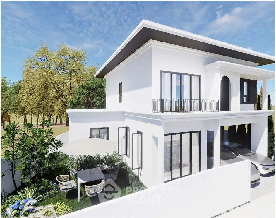 Stunning modern white two-story house with balcony and lush garden, perfect for luxury living.