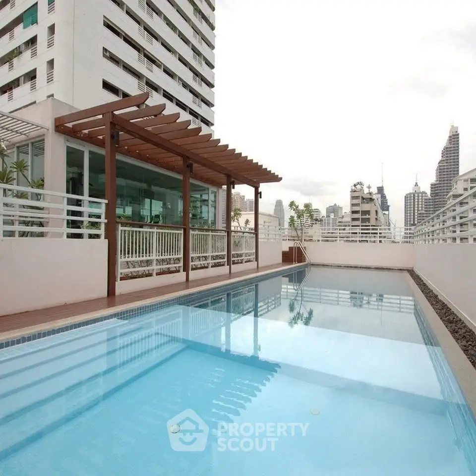 Luxurious rooftop pool with city skyline views in modern apartment complex.
