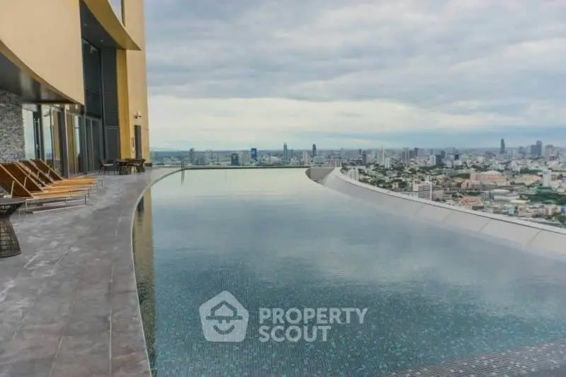 Luxurious rooftop infinity pool with stunning city skyline view, perfect for relaxation and leisure.