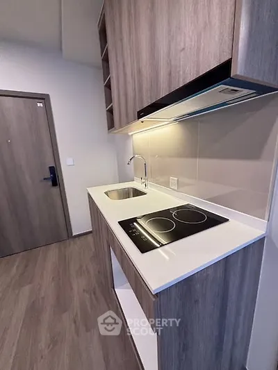 Modern compact kitchen with sleek induction cooktop and stylish cabinetry