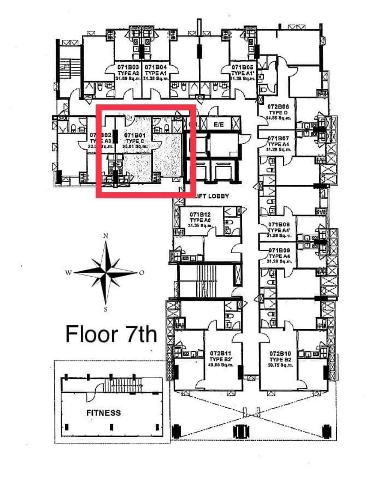 Detailed floor plan of the 7th floor with highlighted unit, featuring fitness area.
