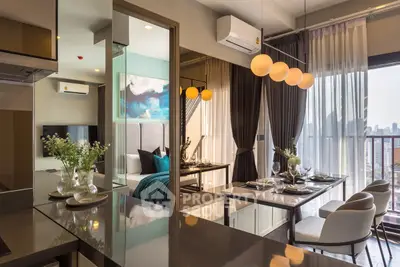 Luxurious modern apartment interior with open kitchen and dining area, featuring elegant decor and city view.