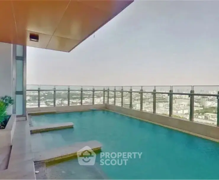 Luxurious rooftop pool with stunning city view in modern high-rise building.