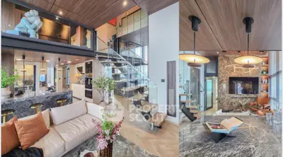 Luxurious modern living room with mezzanine, glass staircase, and elegant decor