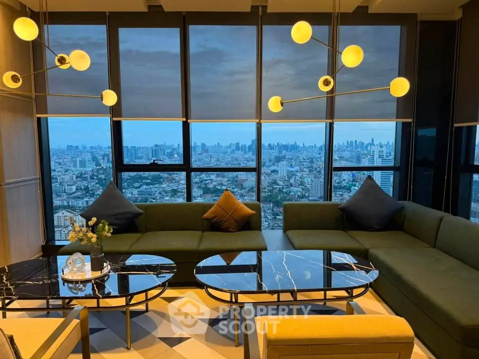 Luxurious living room with panoramic city view and modern lighting