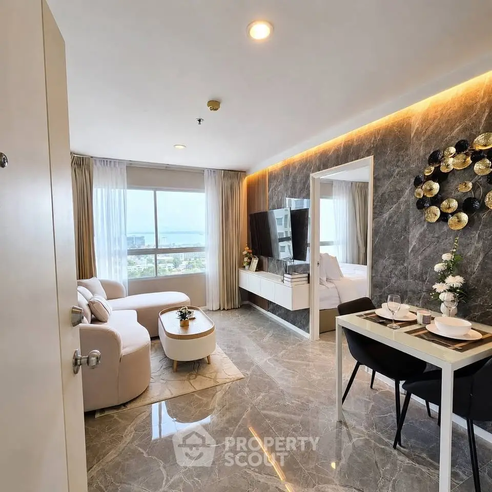 Luxurious modern living room with elegant decor and stunning city view