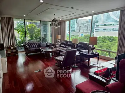 Luxurious living room with city view and elegant furnishings