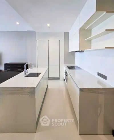 Modern kitchen with sleek white cabinetry and island in open layout
