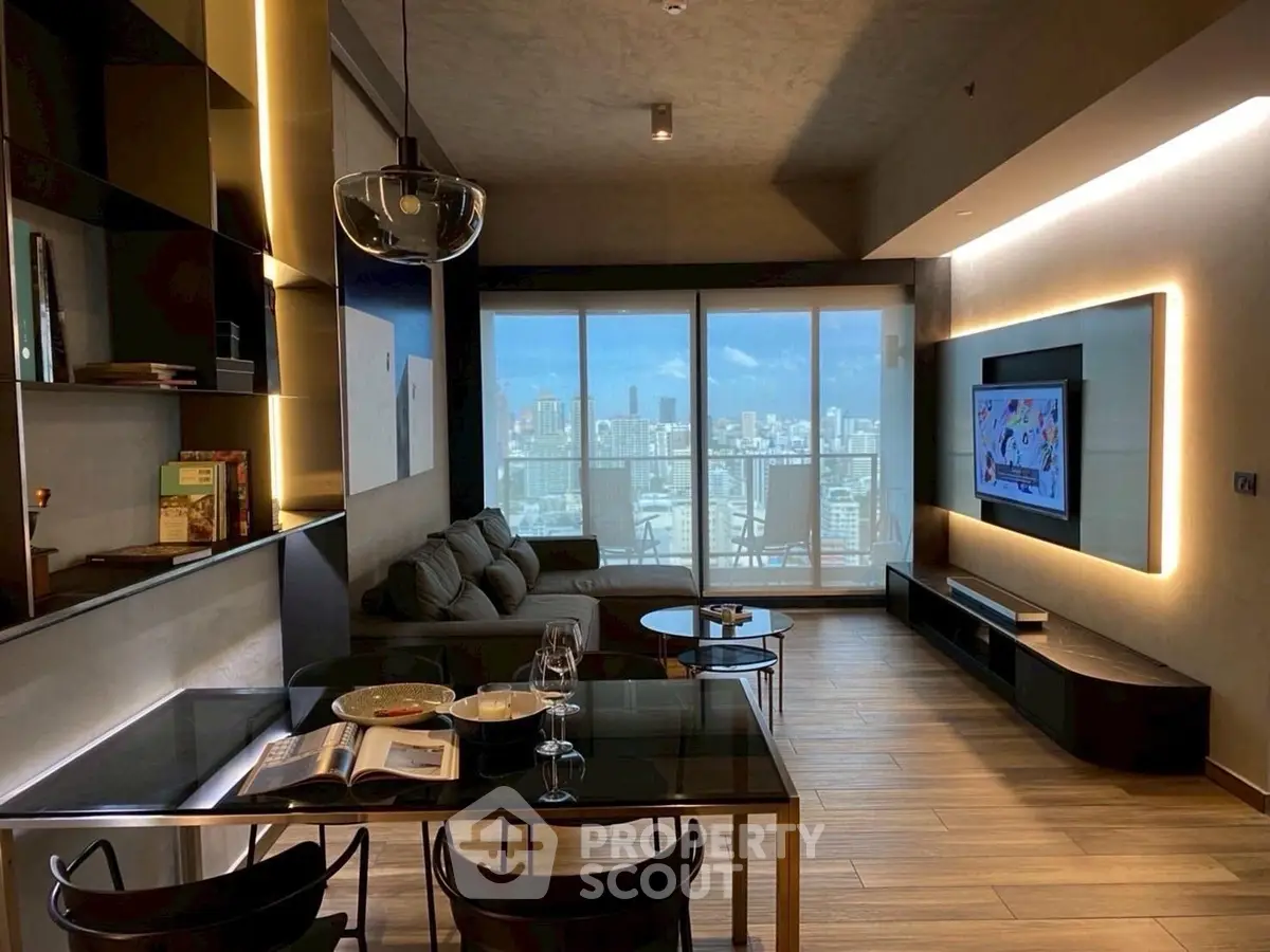 Luxurious modern living room with stunning city view and elegant decor