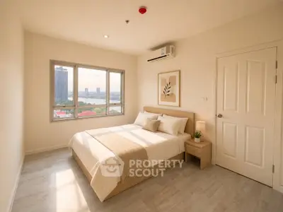 Bright and airy bedroom with city view, modern furnishings, and natural light.