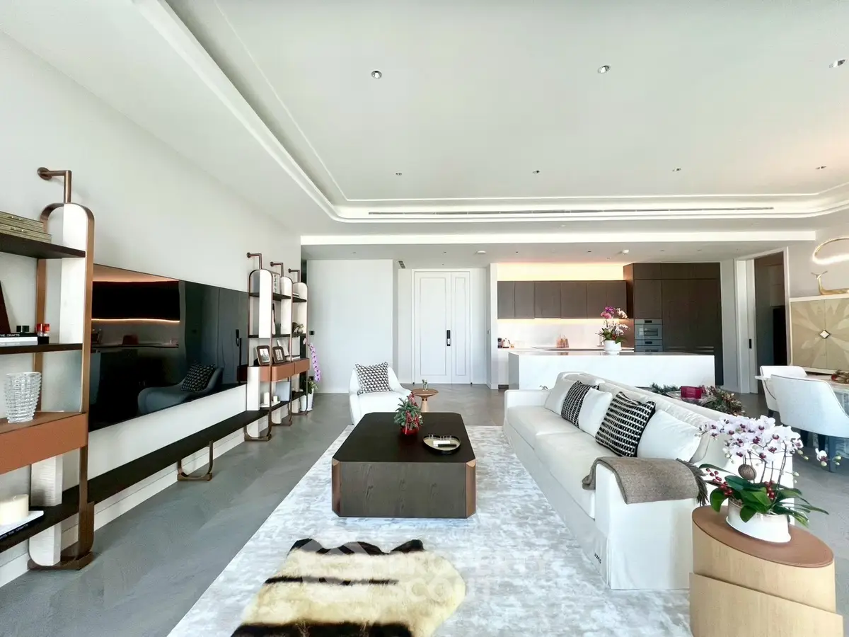 Luxurious open-plan living room with modern decor and spacious layout