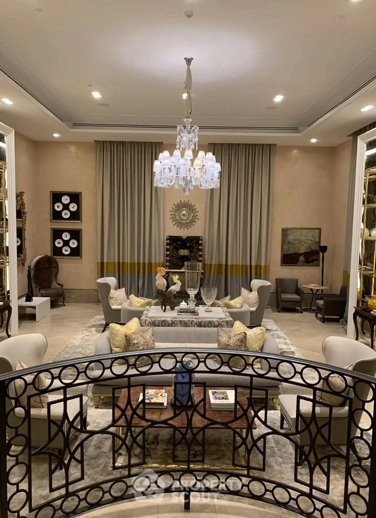 Luxurious living room with elegant chandelier and stylish decor