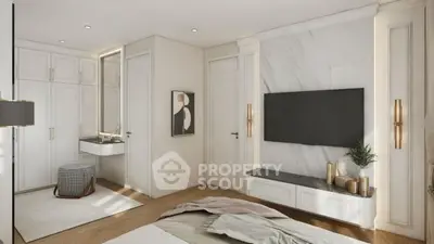 Luxurious bedroom with modern decor and built-in TV unit