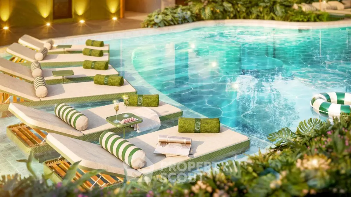 Luxurious poolside oasis with elegant loungers and lush greenery, perfect for relaxation and leisure.