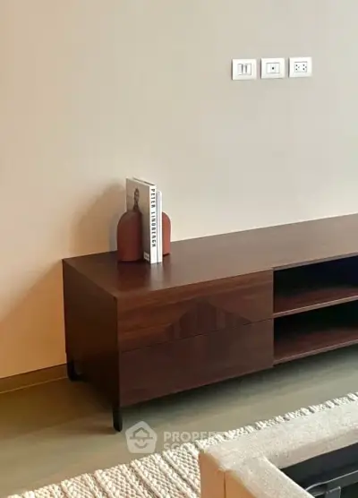 Modern living room with sleek wooden console and stylish decor accents.