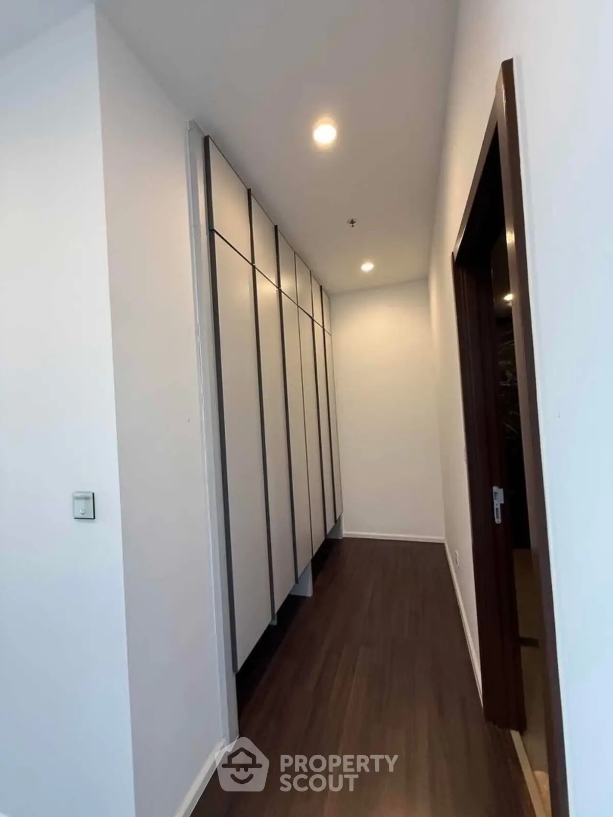 Modern hallway with sleek built-in storage and recessed lighting