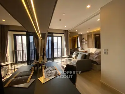 Modern studio apartment with open layout and city view, featuring sleek design and ample natural light.