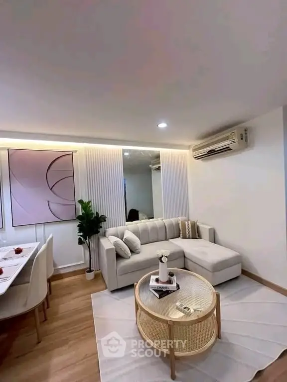 Modern living room with stylish decor and cozy seating area