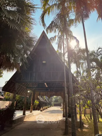 Stunning tropical entrance with tall palm trees and unique wooden architecture