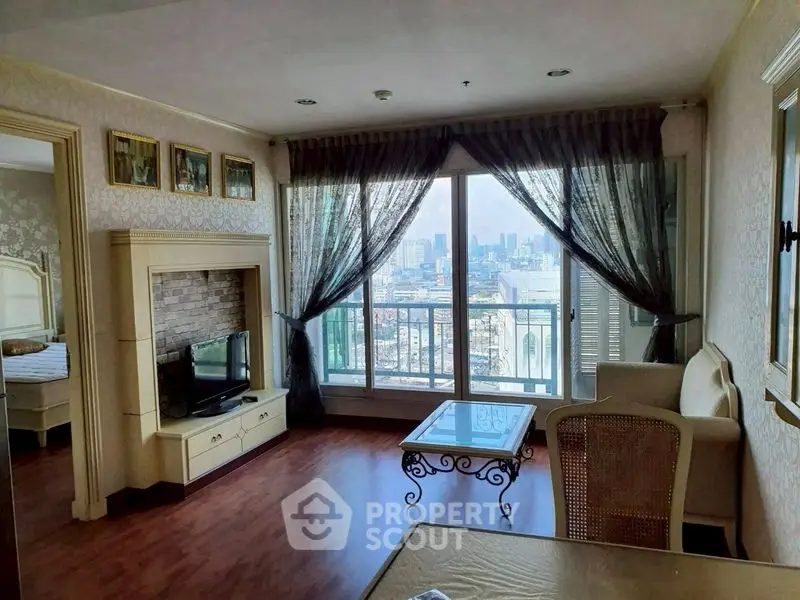 Elegant living room with city view and stylish decor